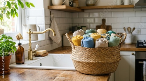 Wicker basket filled with colorful rolled towels and cloths on a wooden kitchen counter next to a sink
