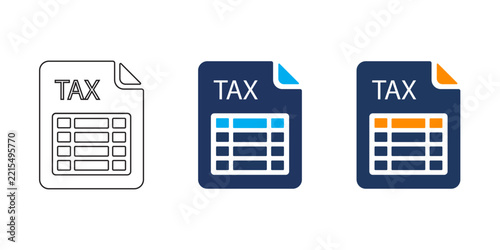 tax document icons with spreadsheet grid and text label in outline, blue, and orange styles