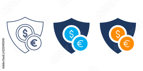  shield icons with dollar and euro currency symbols, representing financial security, protection, and investment concepts