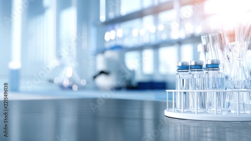 A close-up view of laboratory glassware on a sleek surface with blurred scientific instruments behind