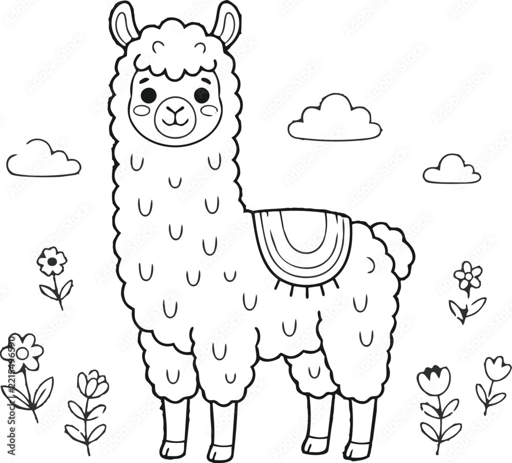 Fototapeta premium A detailed line drawing depicts a llama with floral elements and fluffy clouds