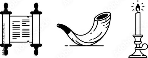 Obraz na plátně Jewish holiday symbols featuring torah scroll, shofar, and candle in candelabra