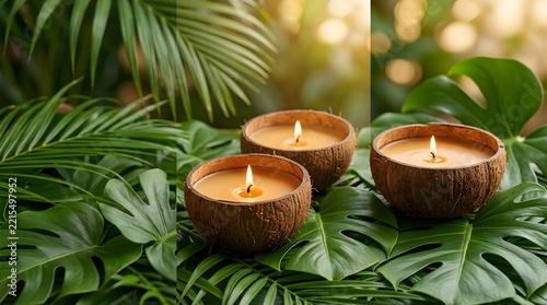 Aromatic Scented Candles in Natural Coconut Shells Resting on Lush Tropical Green Leaves for Spa Wellness and Relaxation