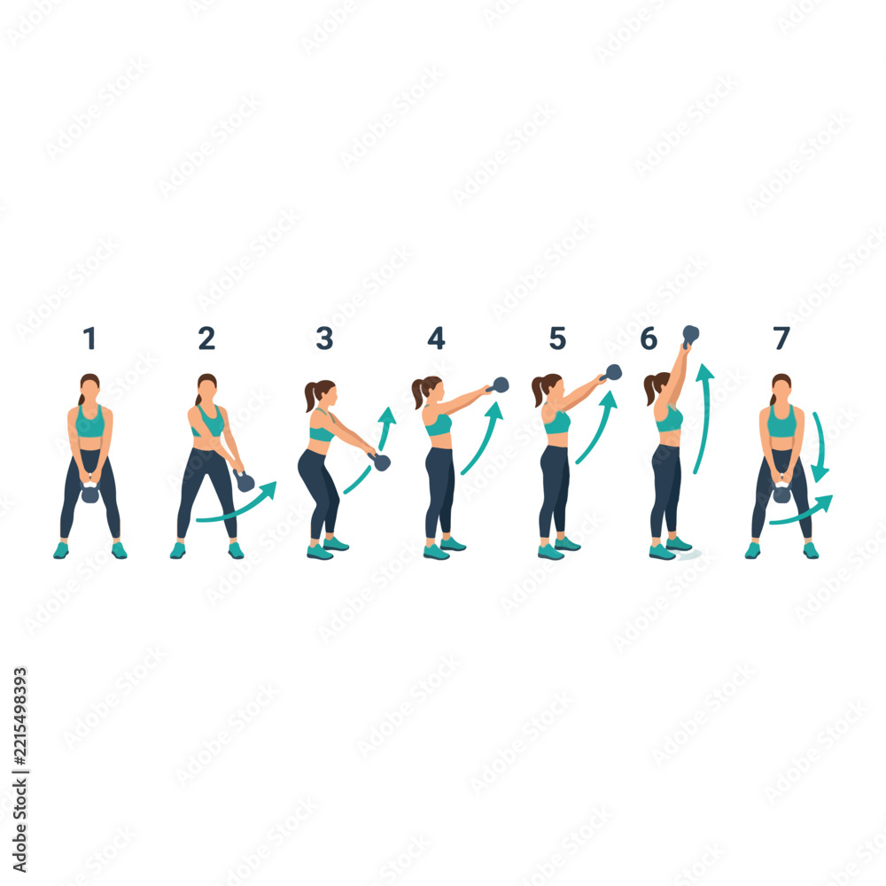 Obraz premium Woman performing kettlebell swing exercise workout guide vector illustration