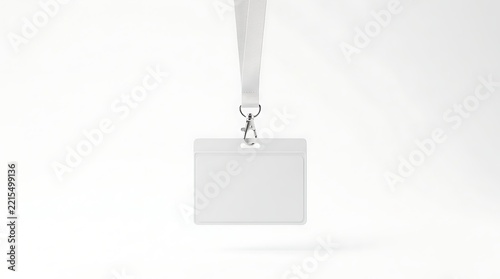 Blank horizontal white plastic ID card holder with fabric neck lanyard and metal lobster clip isolated on white background, professional identification badge mockup for corporate, event, or office.