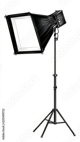 Professional studio lighting softbox equipment on adjustable tripod stand for photography and video production isolated on white