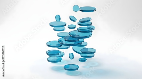 Abstract composition of floating translucent blue glass discs isolated on white background