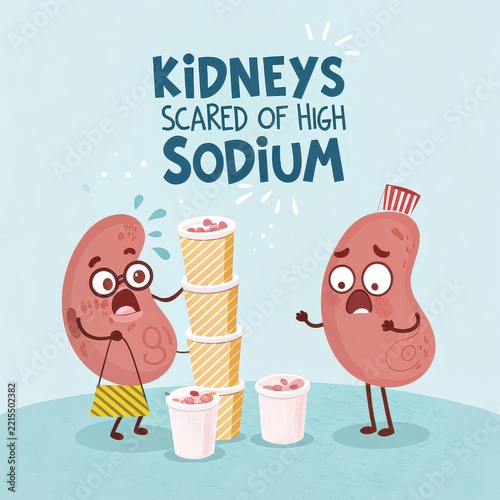 Scared Kidneys Character Looking at High Sodium Cups