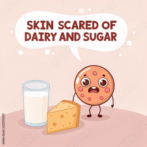 Scared Skin Character Looking at Dairy and Sugar