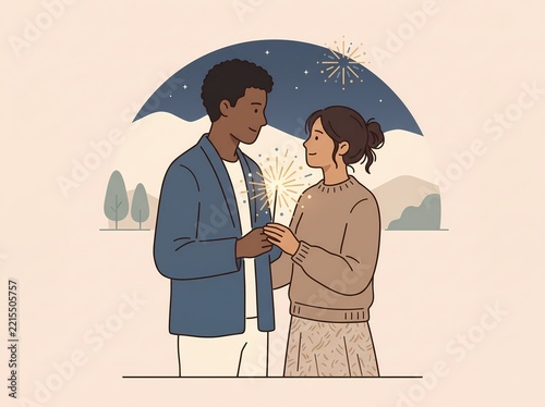 A romantic illustration of a young couple holding a sparkler together under a starry night sky with an umbrella.