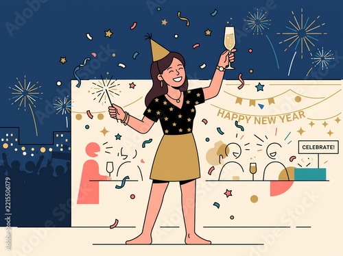 A joyful woman celebrating New Year with a glass of champagne and a sparkler in a festive party setting with fireworks in the background.