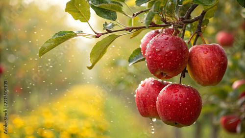 Fotografie Fresh red apples hanging on a tree branch in an orchard with agriculture vitamin