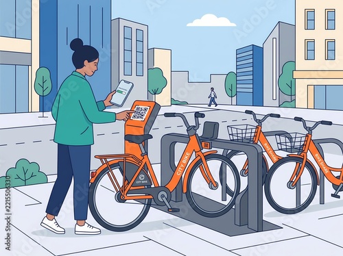 Woman unlocking sharing bicycle with smartphone application in city street vector illustration.