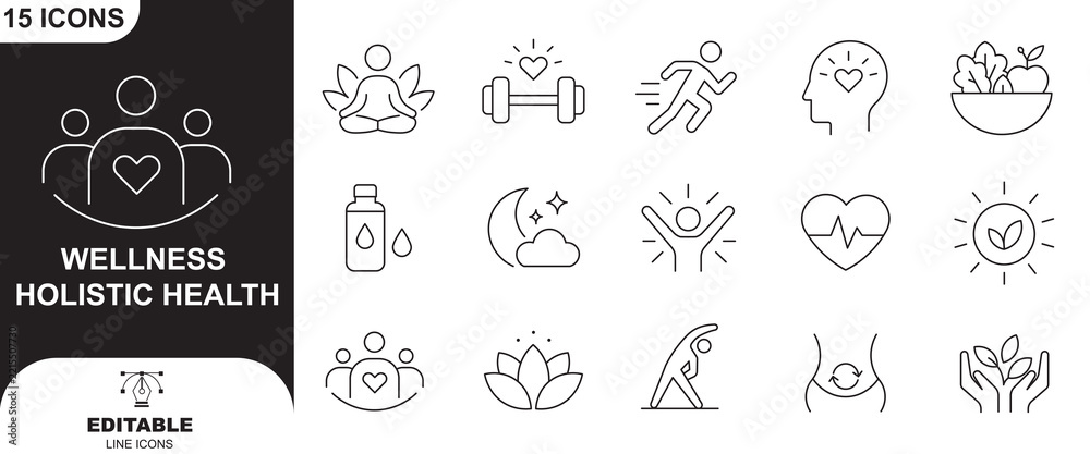 Fototapeta premium Wellness holistic health icon set, linear style icons for healthy lifestyle, alternative medicine, yoga, meditation, spa, and selfcare