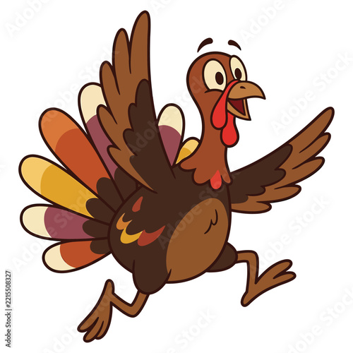 A cute cartoon turkey character running happily with wings spread wide for a festive thanksgiving celebration