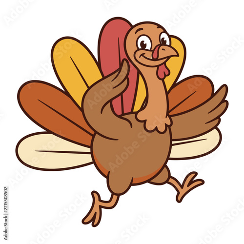 A cute cartoon turkey character standing and smiling isolated on a white background for thanksgiving holiday design