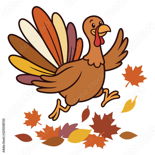 Happy cartoon turkey running through colorful autumn leaves isolated on a white background for thanksgiving holiday design