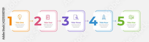 Timeline infographic template with 5 steps, colorful numbered process boxes and icons for business presentation and workflow. Editable vector.