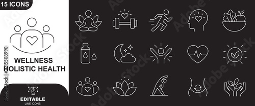 Wellness holistic health icon set, linear style icons for healthy lifestyle, alternative medicine, yoga, meditation, spa, and selfcare