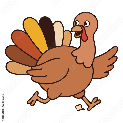 A cute cartoon turkey running happily isolated on a white background for thanksgiving holiday design projects