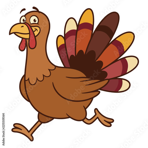 A funny cartoon turkey running away isolated on a white background for thanksgiving holiday design projects