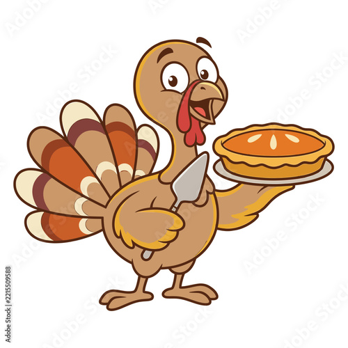 A cute cartoon turkey holding a freshly baked pumpkin pie for a happy thanksgiving holiday celebration illustration