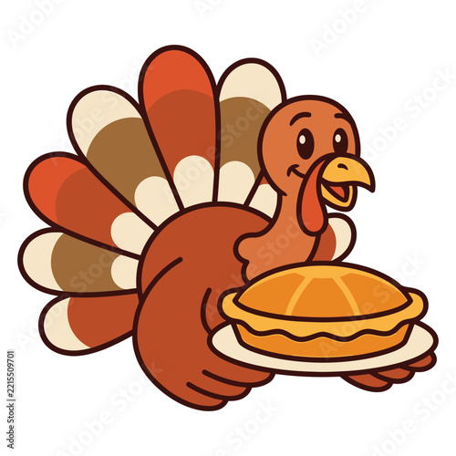 A cute cartoon turkey holding a freshly baked pumpkin pie for a happy thanksgiving holiday celebration