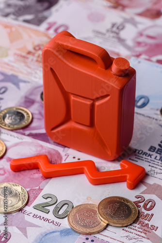 A fuel canister as a conceptual backdrop for the rise or fall of fuel prices. A fuel canister