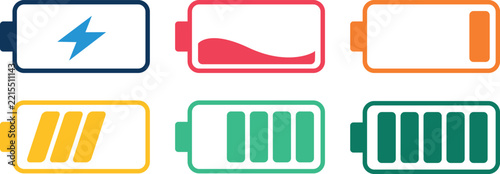Set of six battery icons showing different charge levels and types