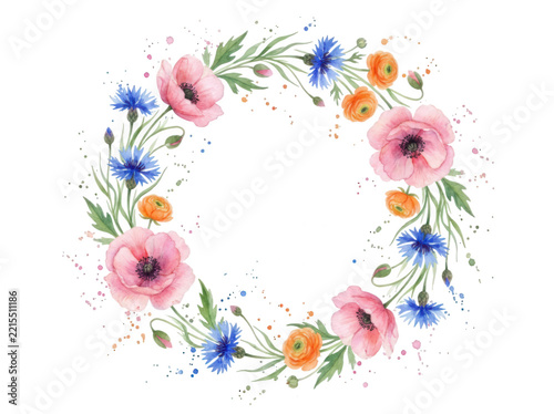 Watercolor floral wreath with pink poppies and blue cornflowers isolated on transparent background