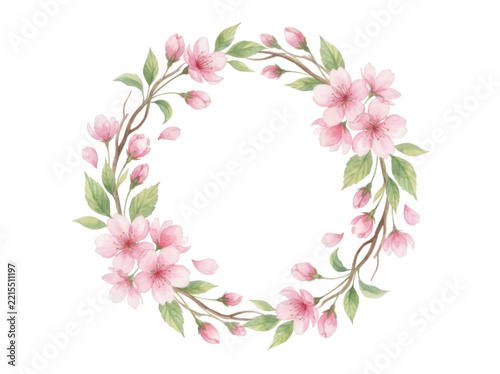 Delicate cherry blossom floral wreath with spring buds isolated on transparent background