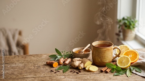 Steaming mug of herbal tea with fresh ginger, lemon, turmeric, and honey on a rustic wooden table, embodying warmth, natural remedies, and wellness