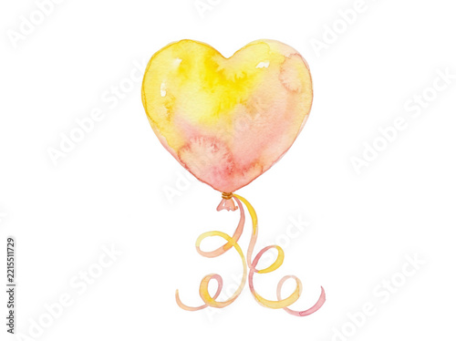 Watercolor yellow heart balloon with ribbons isolated on transparent background for romantic greeting cards