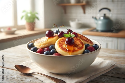 Golden syrniki topped with cherries and blueberries in a cozy home kitchen