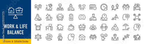 Work life balance web icons in line style. Balance, productivity, wellbeing, time management, career, lifestyle, family, relaxation, wellness, harmony, collection. Editable stroke. Vector