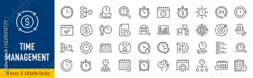 Time management web icons in line style. Productivity, planning, schedule, deadline, priority, task, calendar, reminder, focus, workflow, time tracking, collection. Editable stroke. Vector