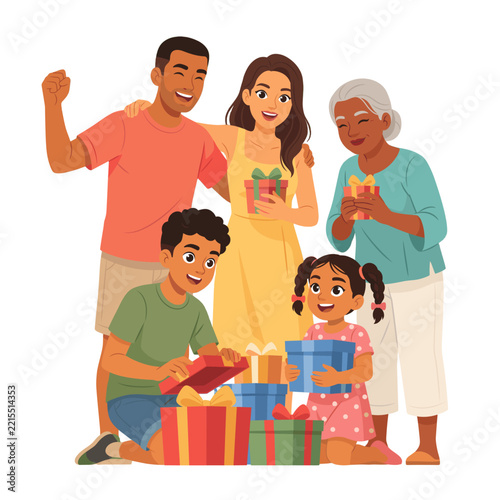 A happy multi-generational family gathering, exchanging gifts and celebrating together.