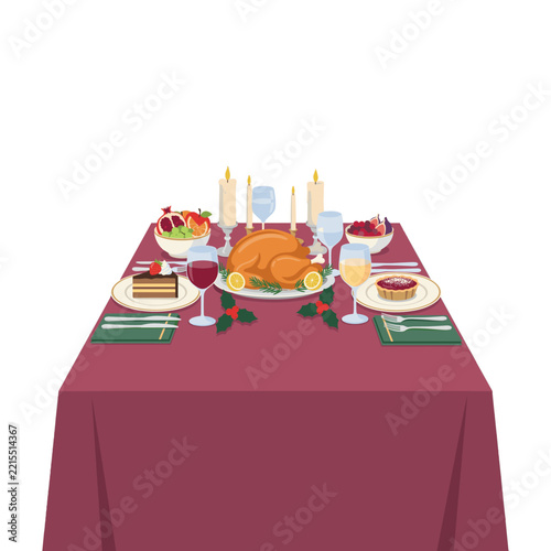A beautifully set table for a holiday feast, complete with a roasted turkey, side dishes, wine, and dessert.