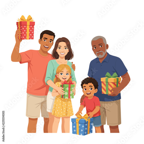 A happy family with multi-generation members sharing gifts on a special occasion.