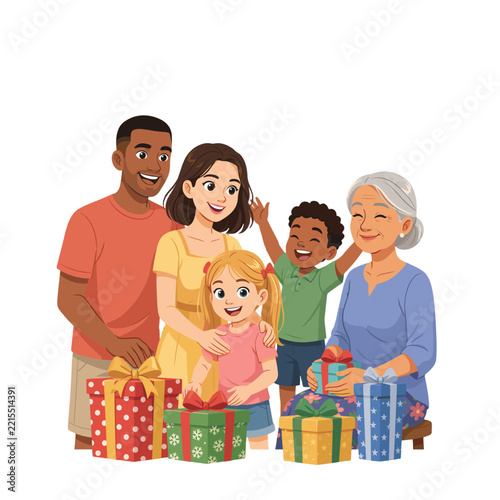 A happy multi-generational family unboxing gifts on a special occasion.