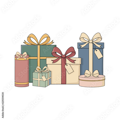 A festive arrangement of six beautifully wrapped gift boxes adorned with colorful ribbons and tags.