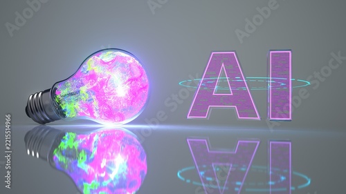 Artificial intelligence innovation concept with glowing light bulb and AI technology. 3d illustration.