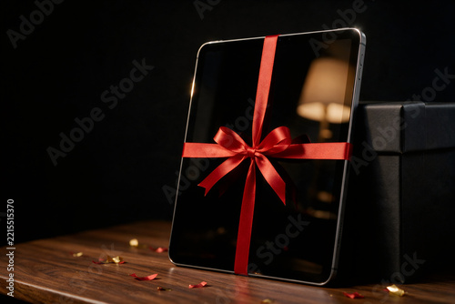 Tablet with red ribbon bow leaning on black gift box on wooden table
