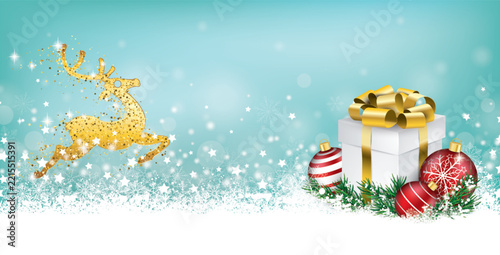 Cyan Christmas Header Snowflakes Reindeer Golden Gift Red Baubles