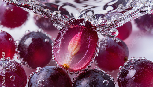 Macro of fresh red grapes with sliced grape in sparkling water with bubbles, healthy fruit and freshness concept with copy space for text