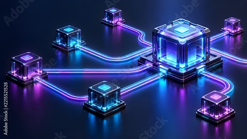 Central glowing digital cube connected to smaller nodes via neon pathways depicting decentralized network architecture and distributed computing systems