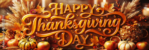 Elegant happy thanksgiving day typography greeting card with festive autumn harvest decorations and warm seasonal fall colors