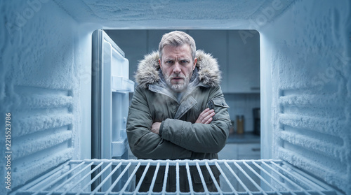 Man shivering in front of frosted empty freezer illustrating rising winter household energy costs.