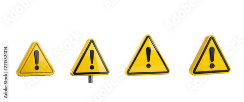 Four 3d yellow warning signs with exclamation marks isolated on transparent background