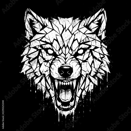 Aggressive geometric wolf head illustration with cracked mosaic texture and white ink drip effects